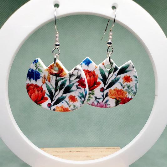 Floral-Patterned Flower-Shaped Earrings with Silver Findings, Wild Flower, Spring, Gift, Polymer Clay,  Jewellery, Accessories