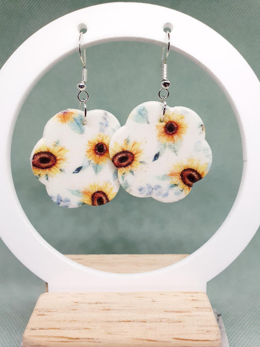 Sunflower-Patterned Flower-Shaped Earrings with Silver Findings, Wild Flower, Garden, Gift, Polymer Clay,  Jewellery, Accessories